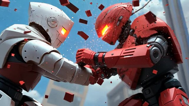 Red and white robots clash in a dynamic, action-packed showdown against a city backdrop.  Exploding fragments add to the intensity