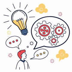 Man thinking idea light bulb gears brainstorming innovation