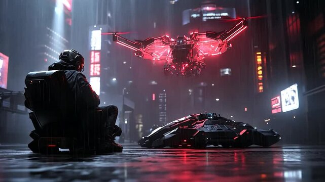 Cyberpunk city rain scene, futuristic drone, lone figure in dark attire, vehicle on wet street, neon lights, red glowing drone, dark atmospheric mood
