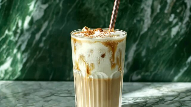Enjoying an iced caramel latte in a stylish eco-friendly glass on a sunny day, Double wall glass iced caramel latte, eco friendly straw, marble and green wall, light prism