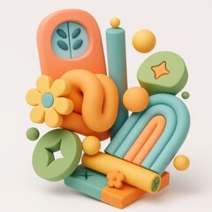Abstract 3D Pastel Shapes and Flowers Composition
