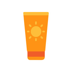 Orange sunscreen tube with a yellow sun graphic standing upright