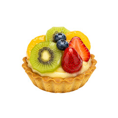 Delicious fruit tart dessert pastry with kiwi strawberry blueberry and orange isolated