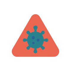 A red triangle with a teal virus graphic on it