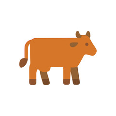 A cartoonish boxy orange cow with brown legs horns tail and eye patch stands on a white background
