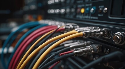 Fototapeta premium Colored cables connected to equipment