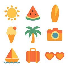 A summerthemed grid of icons including sun food travel and leisure items