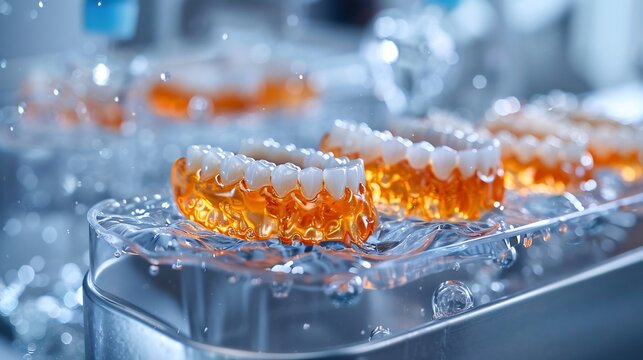 High resolution close up of a retainer sitting in a case with a disinfecting tablet dissolving in water