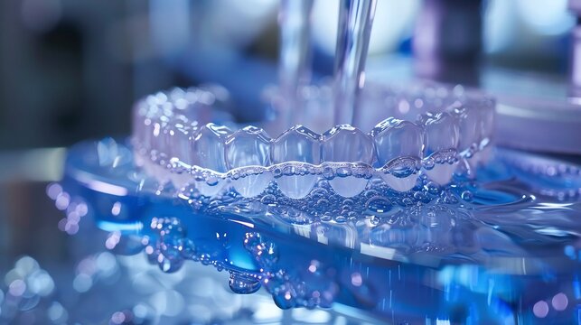 High resolution close up of a retainer sitting in a case with a disinfecting tablet dissolving in water