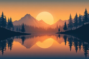 Fototapeta premium Sunset over serene mountain lake, pine trees reflected in still water