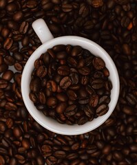 Selected coffee beans freshly roasted fill the white cup, ready to be brewed into a rich flavor...
