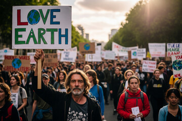 A protester holding a 'Love Earth' sign during an environmental march