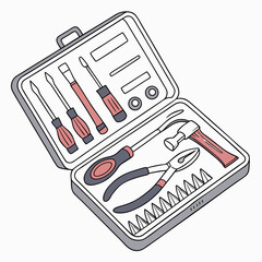 Open toolbox with various hand tools screwdrivers hammer pliers nails