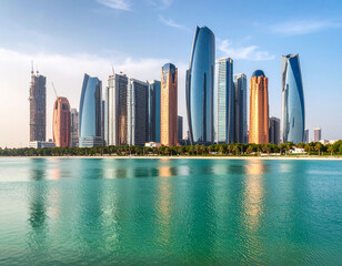 Fototapeta premium Stunning Abu Dhabi Skyline at Sunset – Modern Architecture and Iconic Skyscrapers of UAE Capital, Perfect for Travel, Architecture, and Cityscape Projects on Adobe Stock.