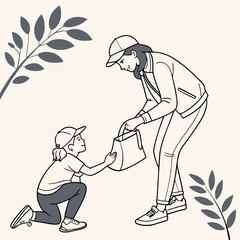 Mom giving daughter shopping bag outdoors nature background