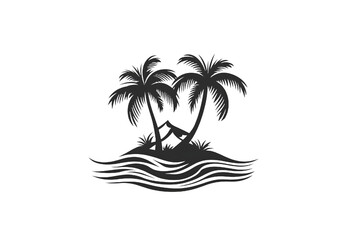 Fototapeta premium Tropical island silhouette featuring two palm trees in a minimalist black and white design