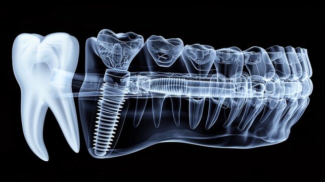 High resolution image of a dental implant being placed in the jawbone with a cross sectional view