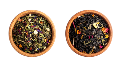 Set of 2 colorful herbal tea blends in wooden bowls, loose leaf tea mix with dried flowers and leaves, organic natural ingredients on black background
