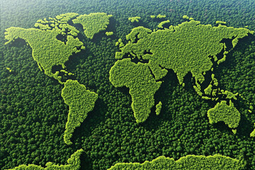 Green forest forming the shape of a world map, top-down drone view
