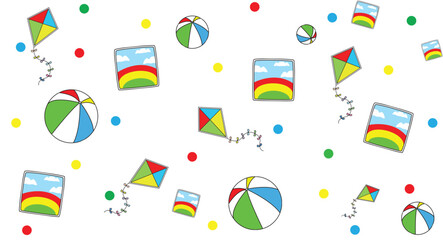 Colorful Summer Pattern Vector with Kites, Beach Balls, and Dots in Flat Cartoon Style for Kids Activities and Party Designs