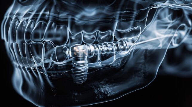 High resolution image of a dental implant being placed in the jawbone with a cross sectional view
