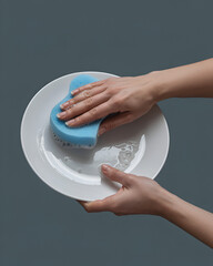 A photograph capturing a close-up view of a pair of hands submerged in soapy water while washing dishes against a solid dark gray background
