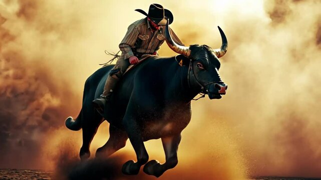 Cowboy expertly rides a kicking black bull in a dusty rodeo arena during sunset, A cowboy rides a rank black bull that kicks up dust in the sunlight