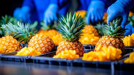 Gloved hands process ripe pineapples, cutting and arranging them in black plastic crates on a factory line