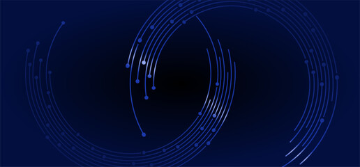 Dark blue backdrop with curved lines and dots forming a techy design
