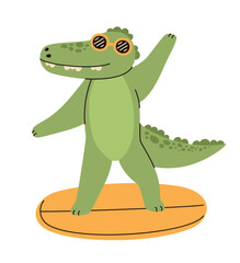 Image in children's style. Crocodile in sunglasses rides a surfboard. Flat vector illustration.