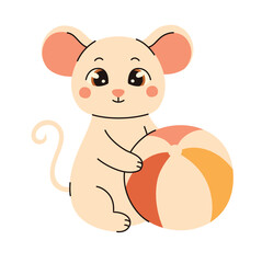 Image in children's style. Mouse holding a swimming ball. Flat vector illustration.