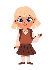Cute schoolgirl in school uniform waving hand. Flat vector illustration.