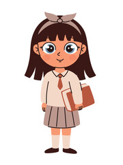 Schoolgirl in school uniform with a book. Flat vector illustration.