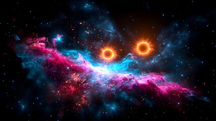 A vibrant nebula with two prominent, bright, ringed eclipses dominates the center, set against a backdrop of scattered stars and cosmic dust