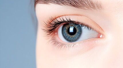 Close-up of a youthful, light-blue eye, slightly angled upwards, showcasing long lashes and delicate skin