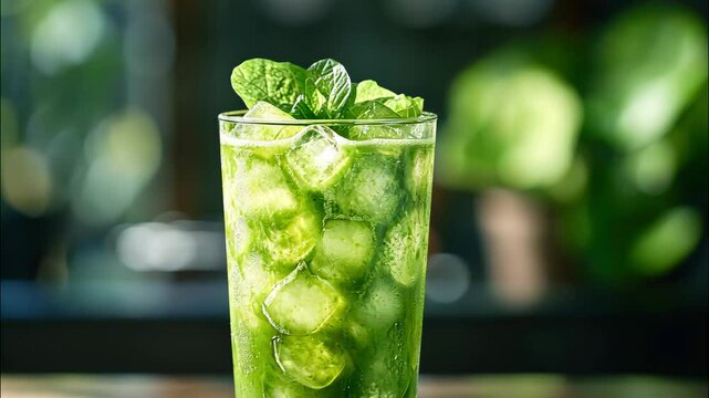 Refreshing mojito cocktail with mint leaves and lime cubes in clear glass on summer day
