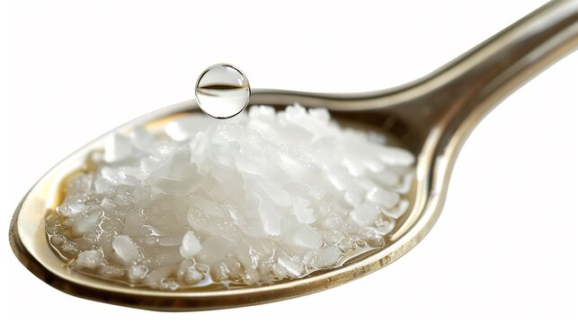 High resolution image of a single drop of coconut oil on a spoon for oil pulling isolated on a white background