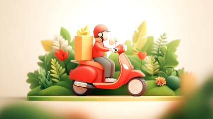 3D render of a delivery person on a red scooter amidst lush greenery, carrying a package