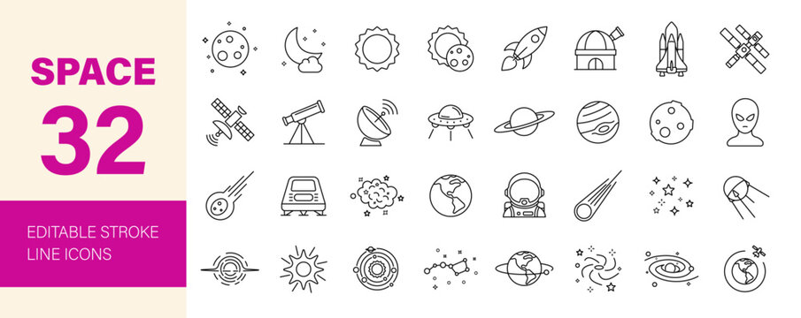 Space icon set. Containing science, astronomy, satellite, universe, astronaut, rocket, comet, telescope, planet, solar system, galaxy and more. Editable line icons. Vector illustration.