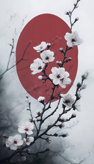 Cherry Blossom Branch Against Vaporous Background With Focal Red Oval