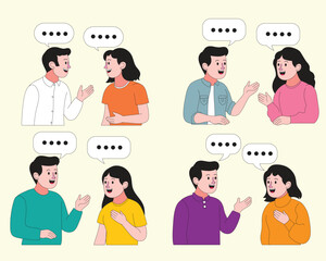 Flat style vector scene of a man and woman talking with speech bubbles. A casual, friendly moment capturing communication and relationship between characters. Ideal for social interaction visuals