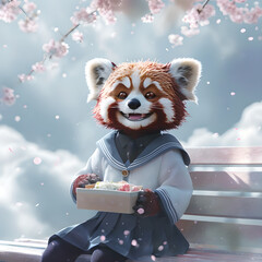 Red Panda In Japanese School Uniform Surrounded By Cherry Blossoms