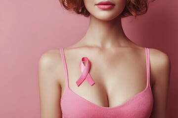 Breast cancer Woman in pink shirt and pink ribbon holds her breast as a symbol of necessity for prevention checks for women.