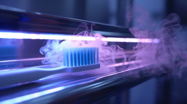High resolution image of a UV toothbrush sanitizer in action eliminating bacteria from bristles