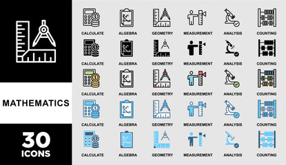 MATHEMATICS icon set with various styles and colors of calculate, algebra, geometry, measurement, counting, analysis and educate