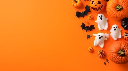 Halloween flatlay featuring pumpkins, ghosts, bats, and confetti on an orange background, leaving ample copy space