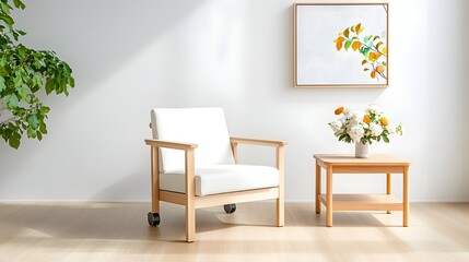 Light-filled room features a light wood armchair with a white cushion, a small wooden side table holding a vase of flowers, and a framed botanical print