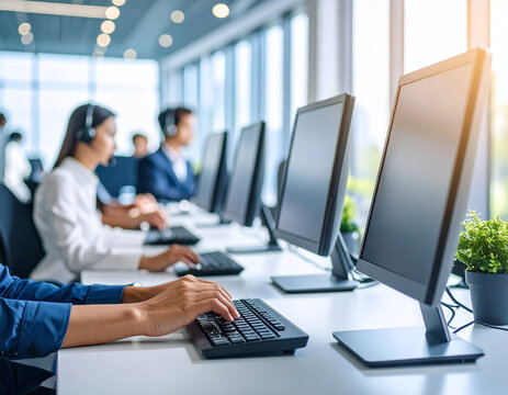 Modern Call Center Service Concept – Professional Customer Support Agents with Headsets in Office Environment, Ideal for Business Communication, Technical Assistance, and Remote Helpdesk Solutions