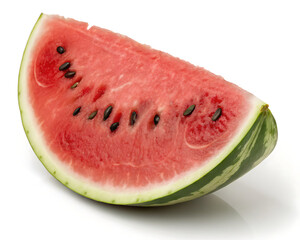 A close up view of a watermelon slice with seeds on a white background in a studio setting