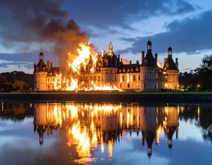 Burning castle reflected in water (1)